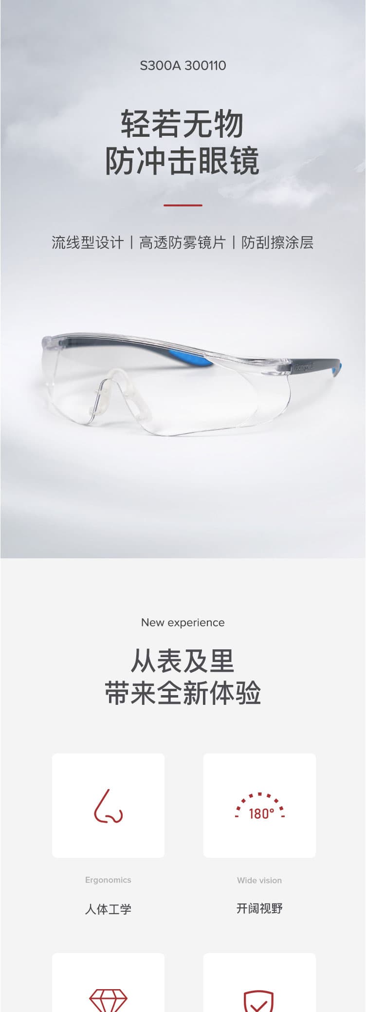 霍尼韋爾（Honeywell）S300A 300110 通用款防霧防護(hù)眼鏡